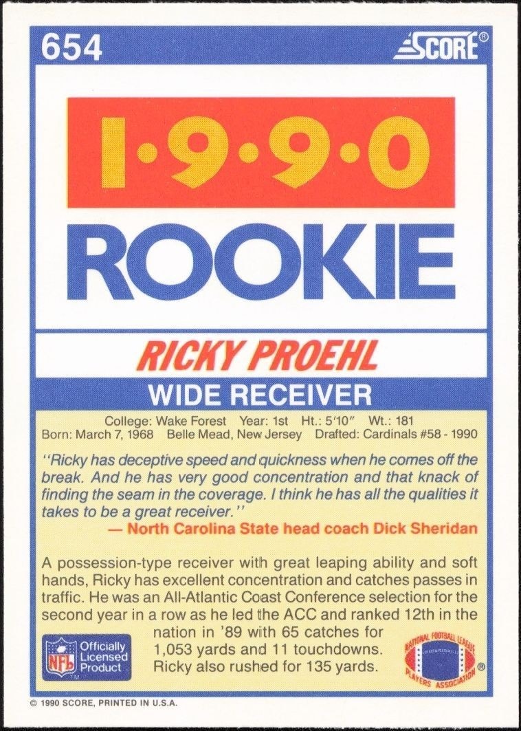 1990 Score Ricky Proehl #654 football trading card back