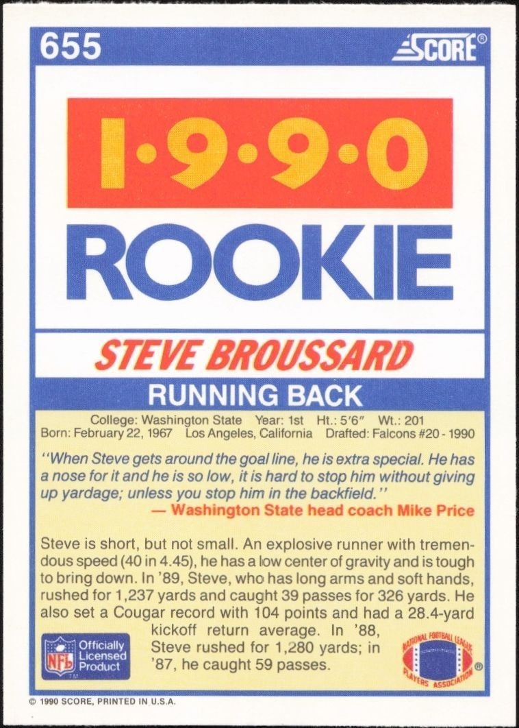 1990 Score Steve Broussard #655 football trading card back