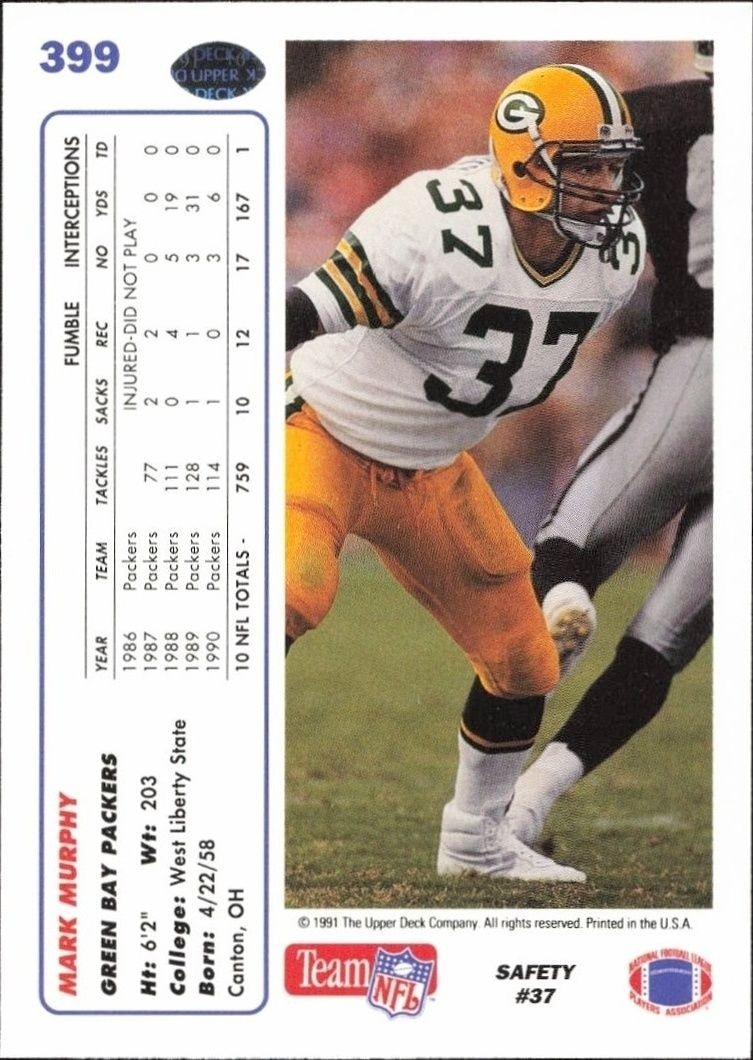 1991 Upper Deck Mark Murphy #399 football trading card back
