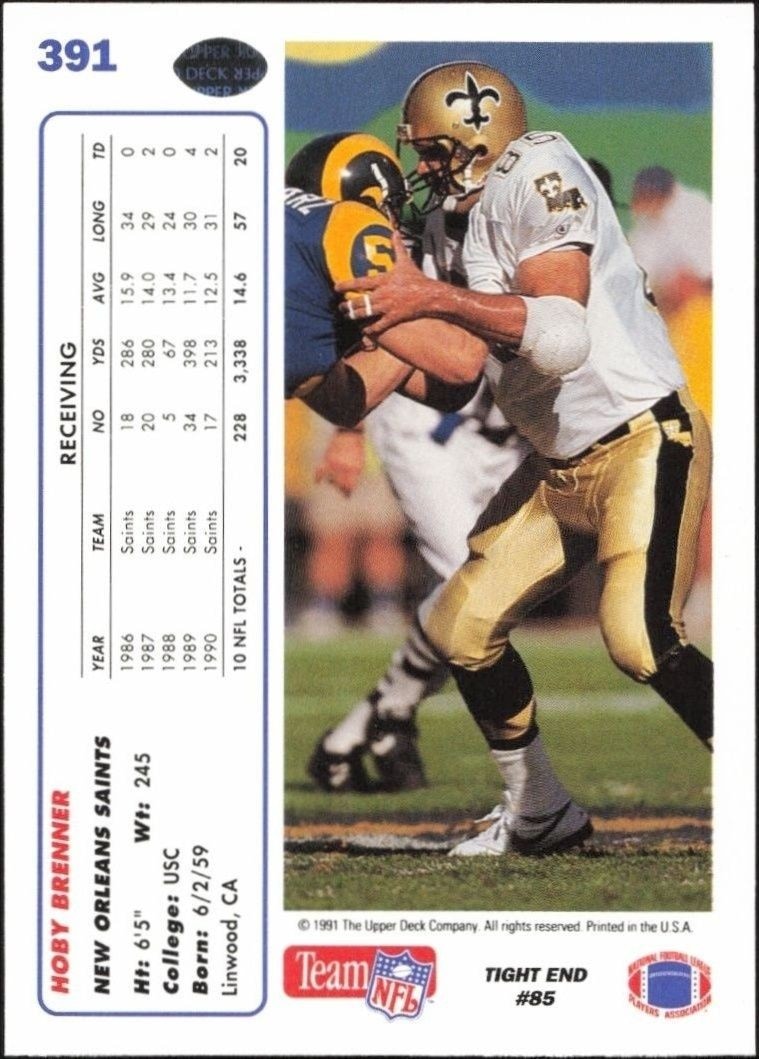 1991 Upper Deck Hoby Brenner #391 football trading card back
