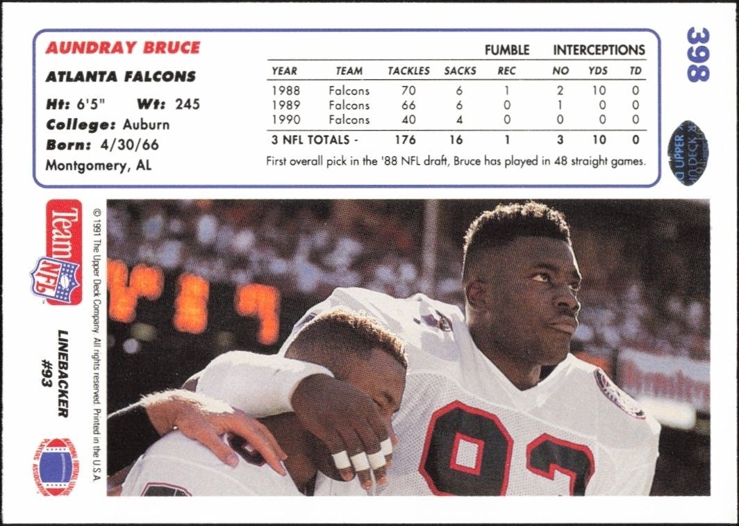 1991 Upper Deck Aundray Bruce #398 football trading card back