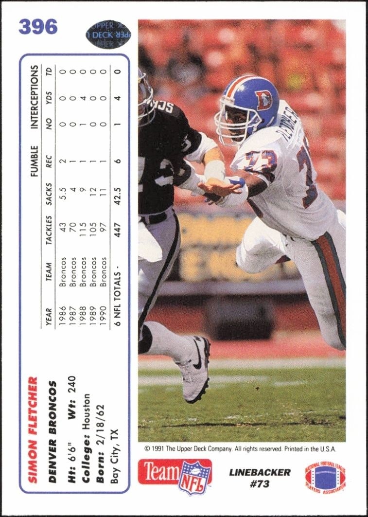 1991 Upper Deck Simon Fletcher #396 football trading card back