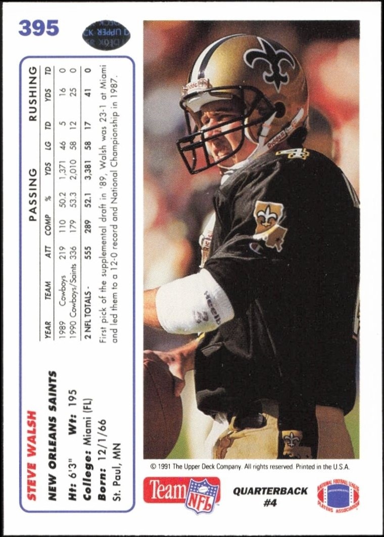 1991 Upper Deck Steve Walsh #395 football trading card back