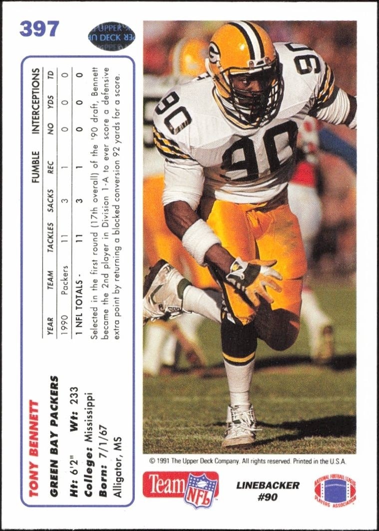 1991 Upper Deck Tony Bennett #397 football trading card back