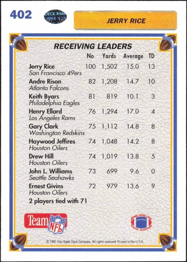 1991 Upper Deck Jerry Rice #402 football trading card back