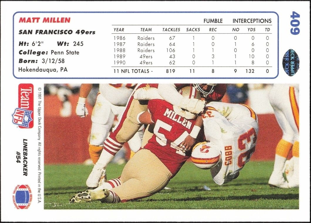 1991 Upper Deck Matt Millen #409 football trading card back