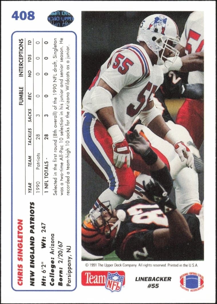 1991 Upper Deck Chris Singleton #408 football trading card back