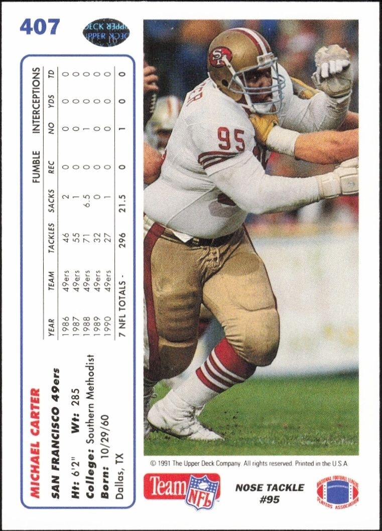 1991 Upper Deck Michael Carter #407 football trading card back