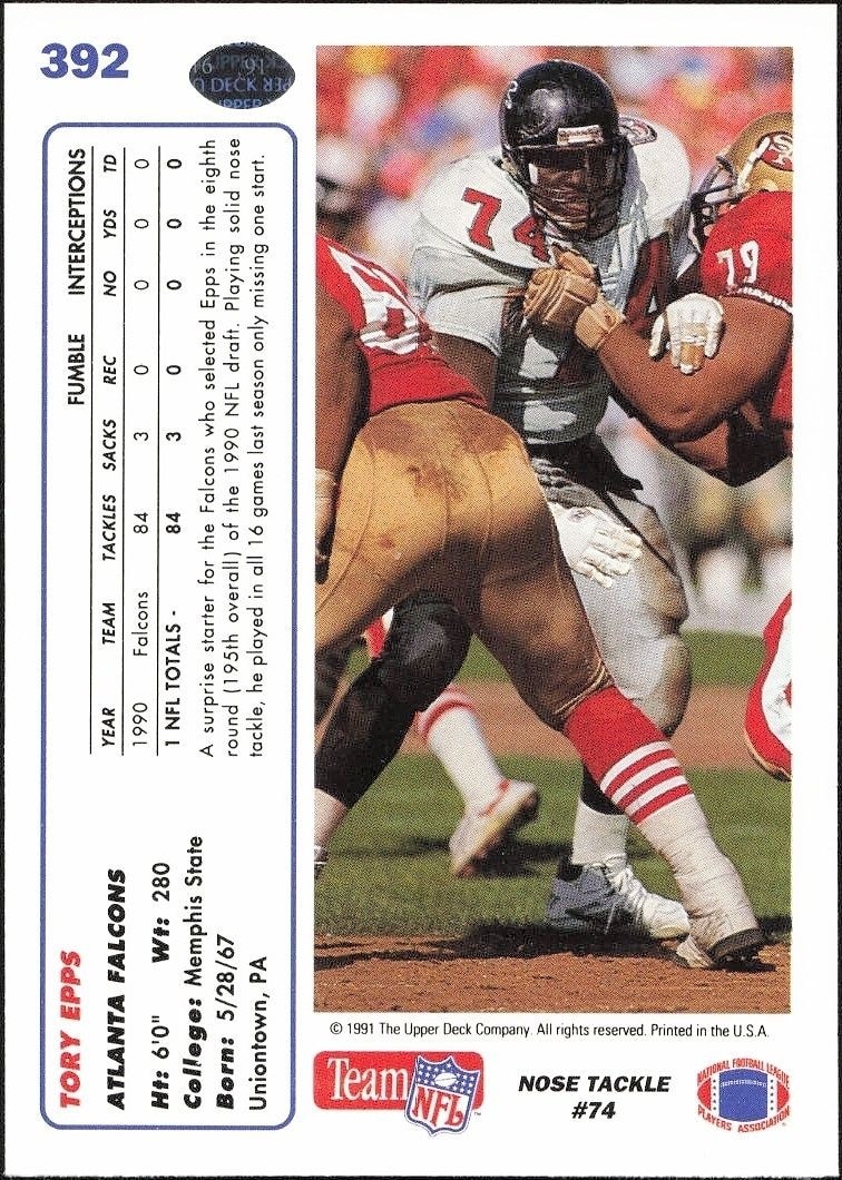1991 Upper Deck Tory Epps #392 football trading card back