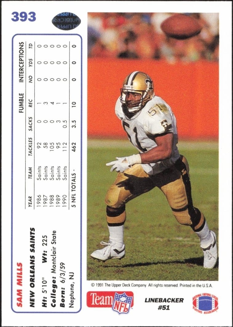 1991 Upper Deck Sam Mills #393 football trading card back