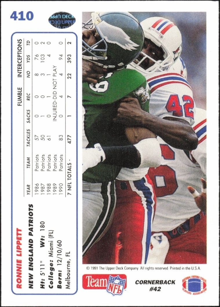 1991 Upper Deck Ronnie Lippett #410 football trading card back