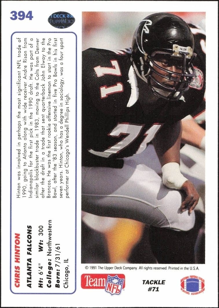 1991 Upper Deck Chris Hinton #394 football trading card back
