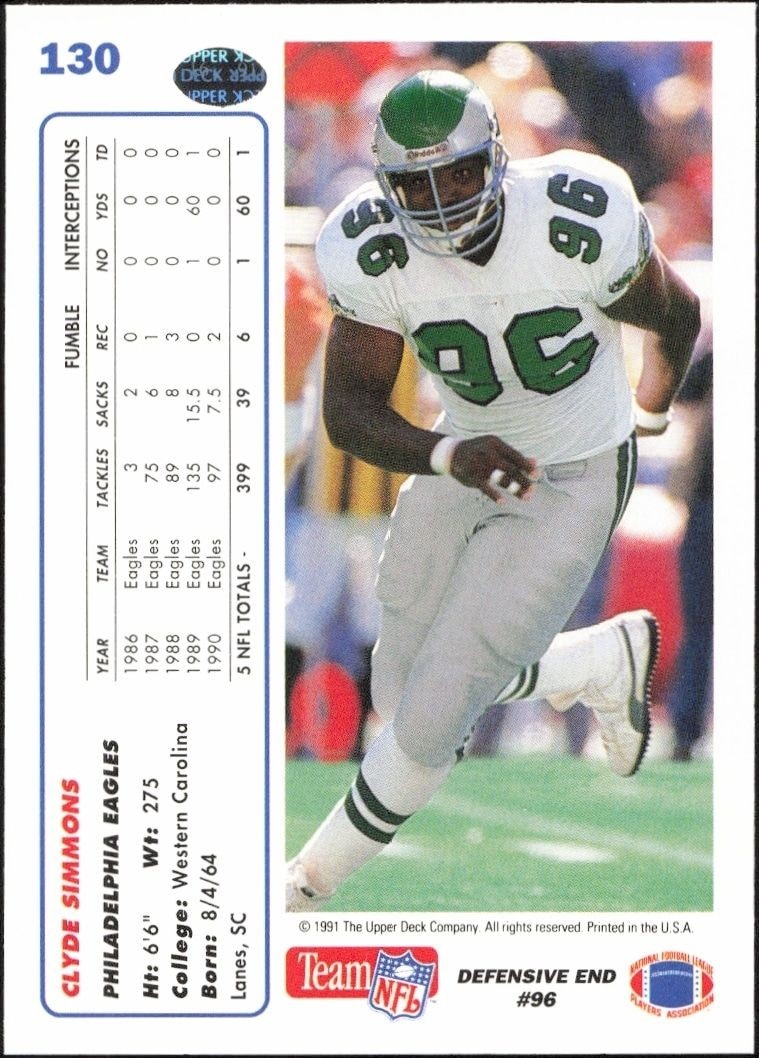 1991 Upper Deck Clyde Simmons #130 football trading card back