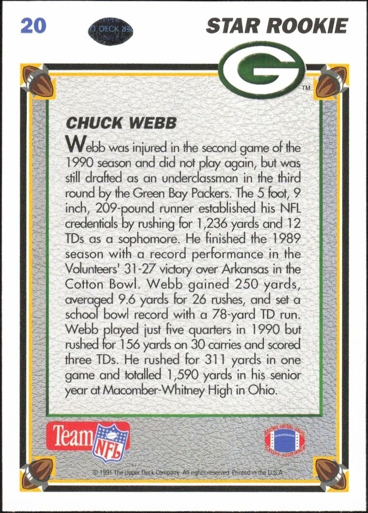 1991 Upper Deck Chuck Webb #20 football trading card back