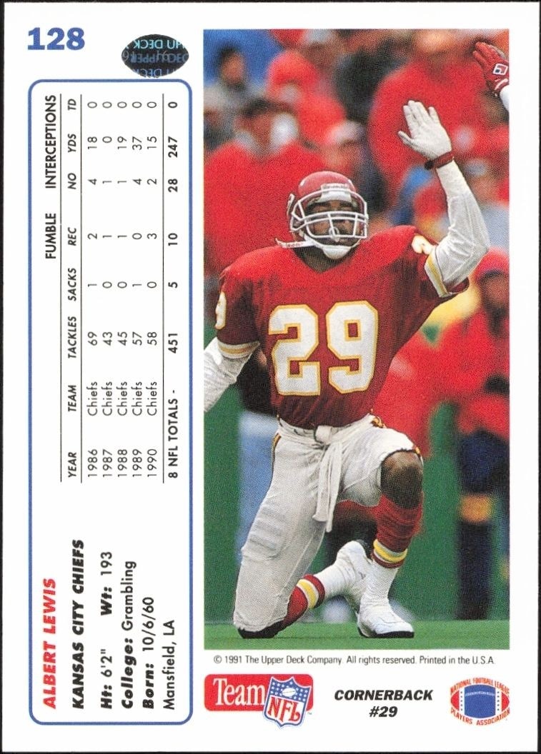 1991 Upper Deck Albert Lewis #128 football trading card back
