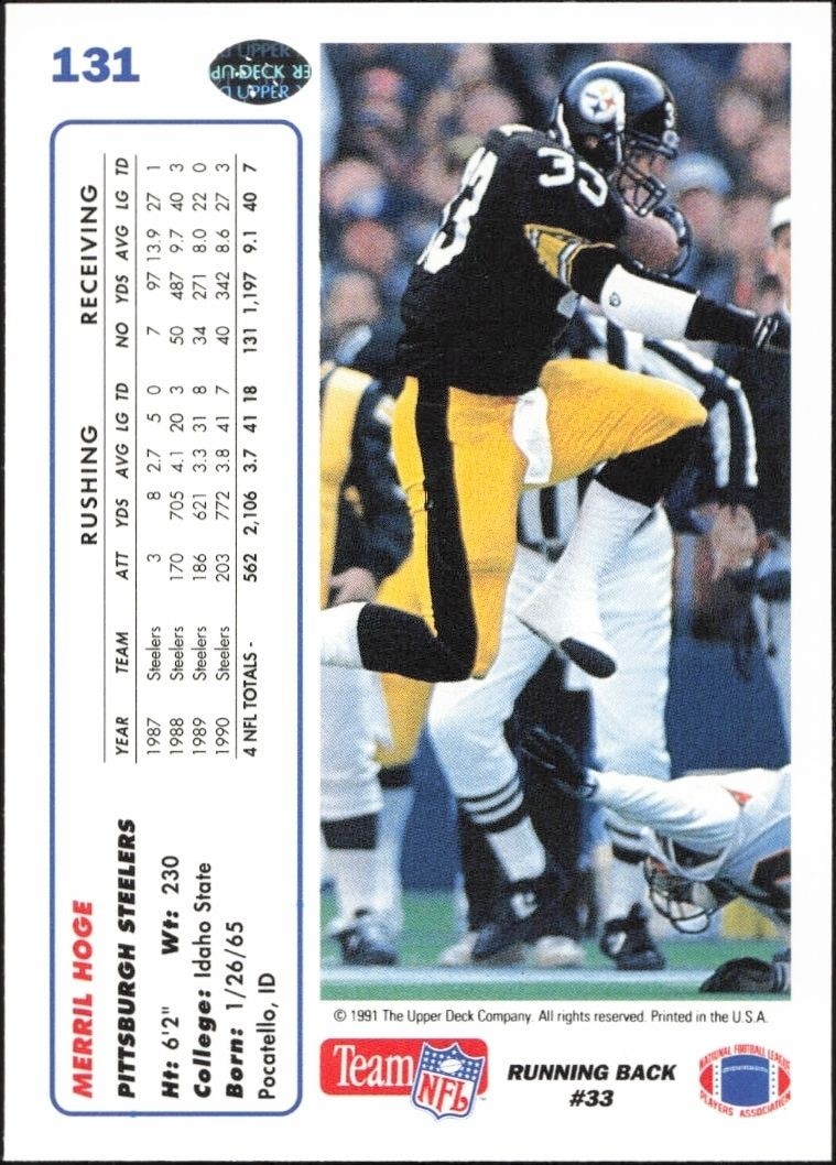 1991 Upper Deck Merril Hoge #131 football trading card back