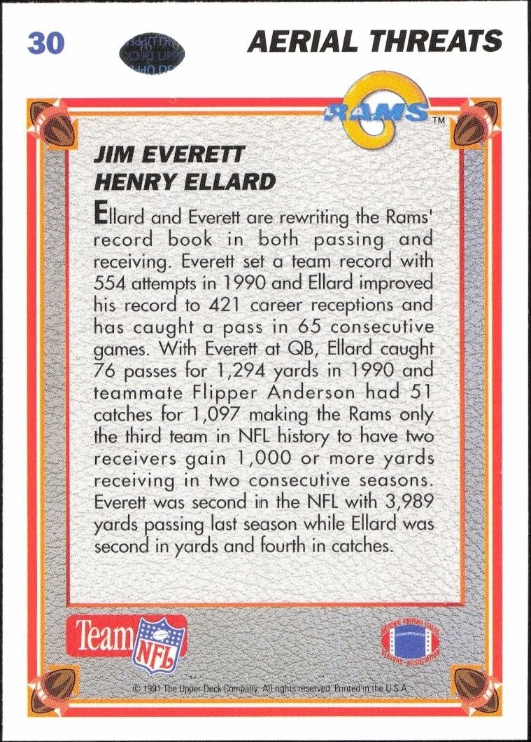 1991 Upper Deck Jim Everett #30 football trading card back
