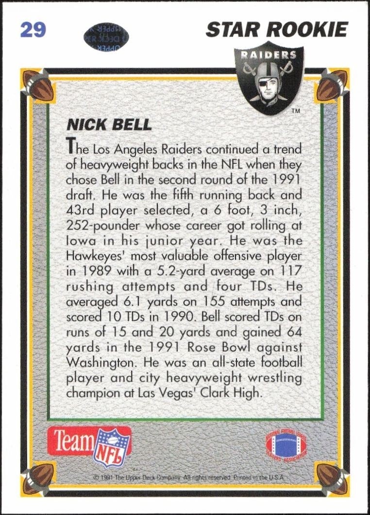 1991 Upper Deck Nick Bell #29 football trading card back