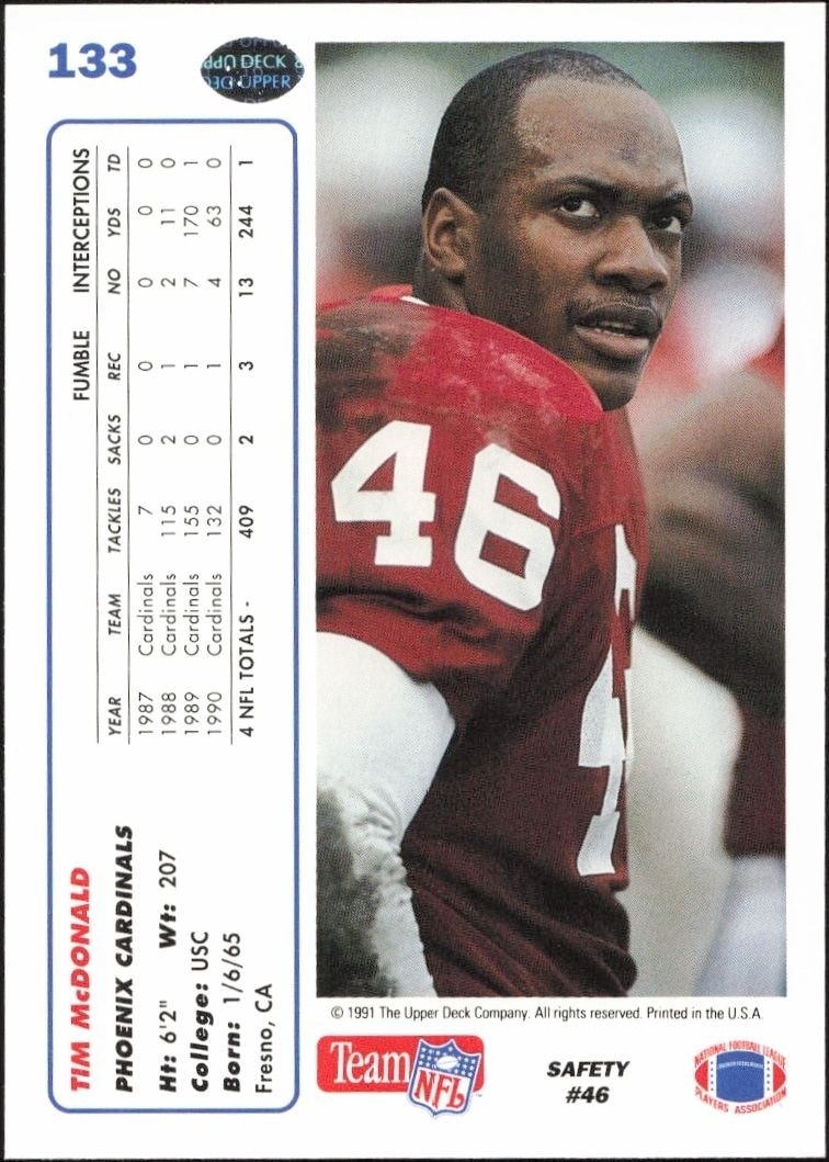 1991 Upper Deck Tim McDonald #133 football trading card back