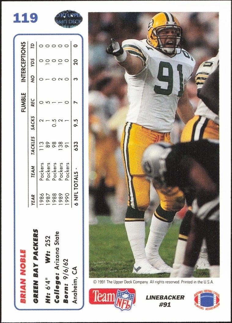 1991 Upper Deck Brian Noble #119 football trading card back