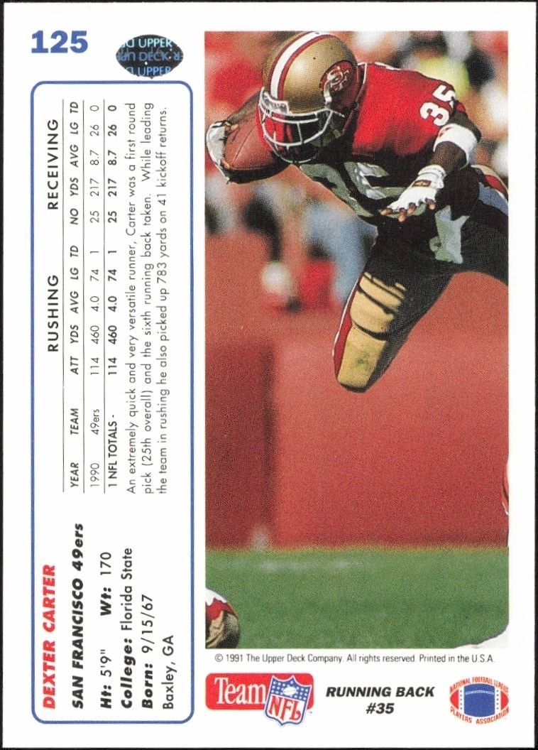 1991 Upper Deck Dexter Carter #125 football trading card back