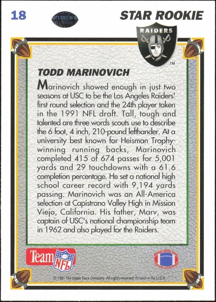 1991 Upper Deck Todd Marinovich #18 football trading card back