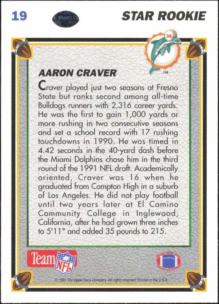 1991 Upper Deck Aaron Craver #19 football trading card back