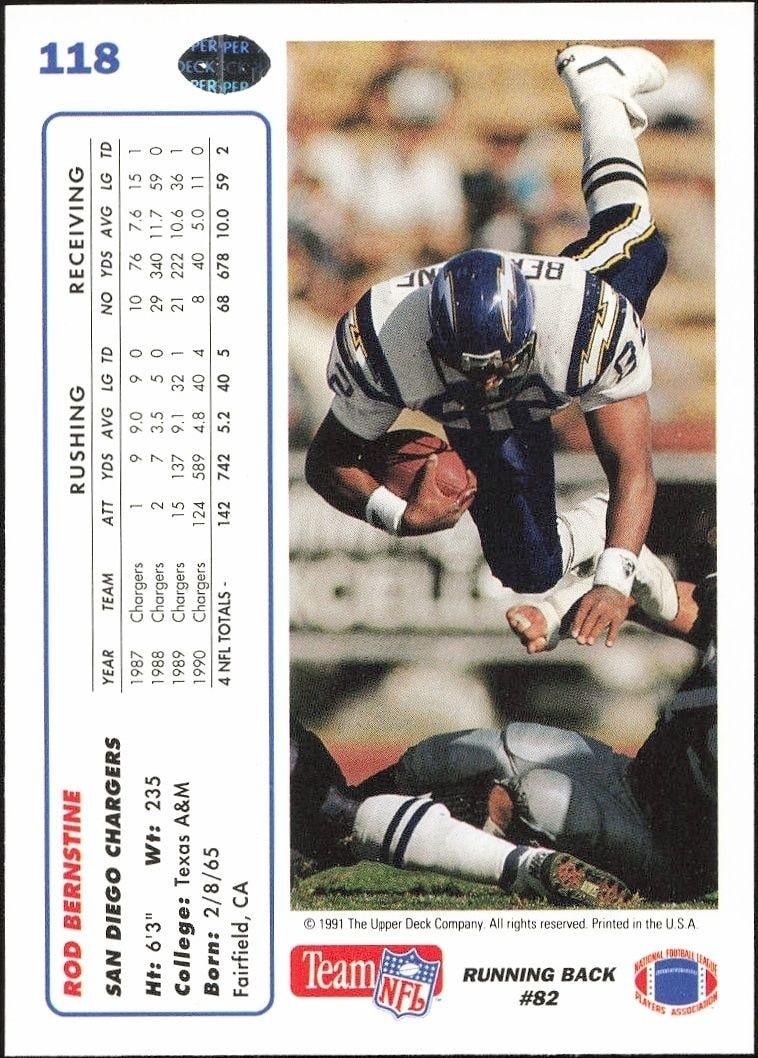 1991 Upper Deck Rod Bernstine #118 football trading card back