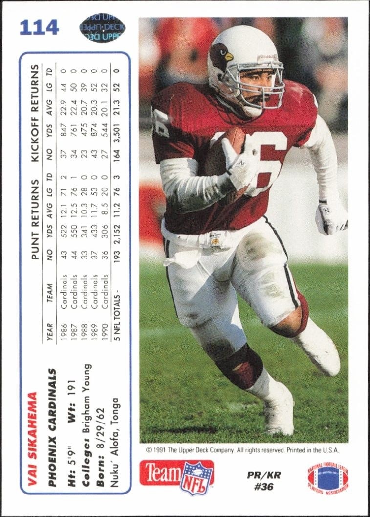 1991 Upper Deck Vai Sikahema #114 football trading card back