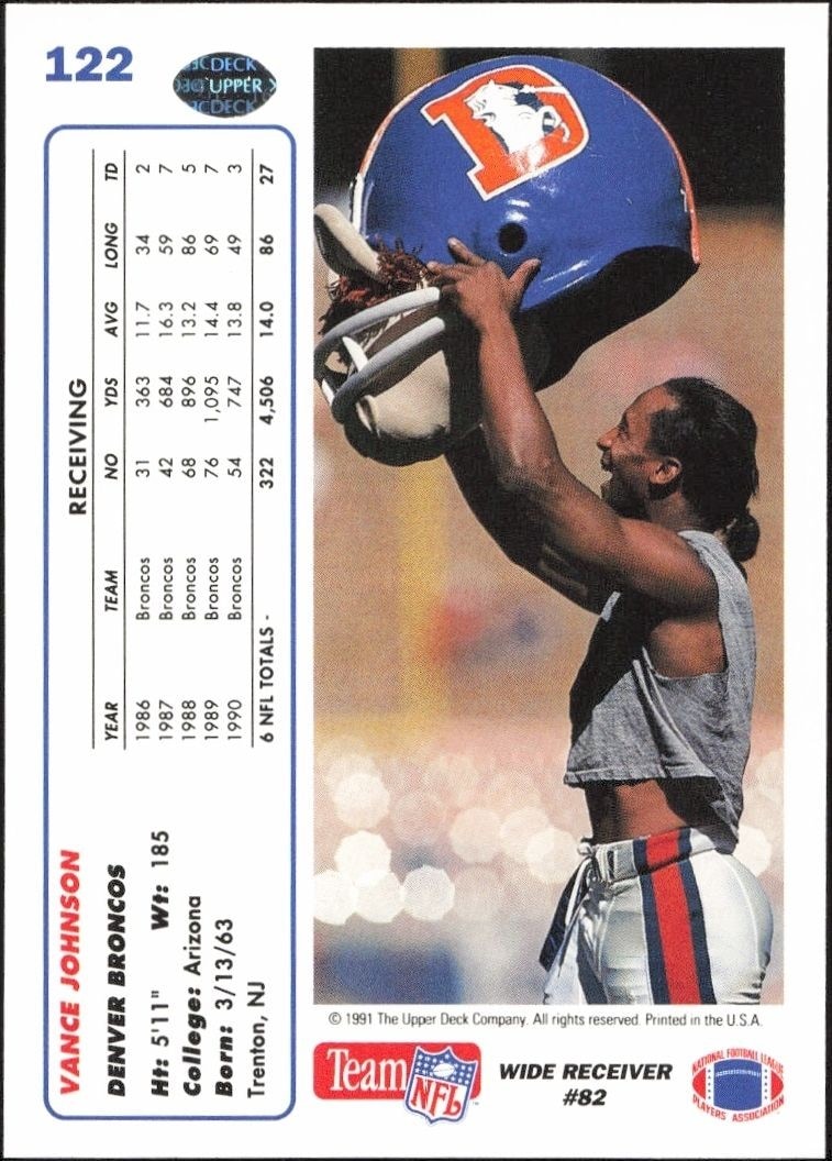 1991 Upper Deck Vance Johnson #122 football trading card back