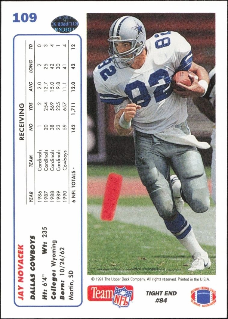 1991 Upper Deck Jay Novacek #109 football trading card back