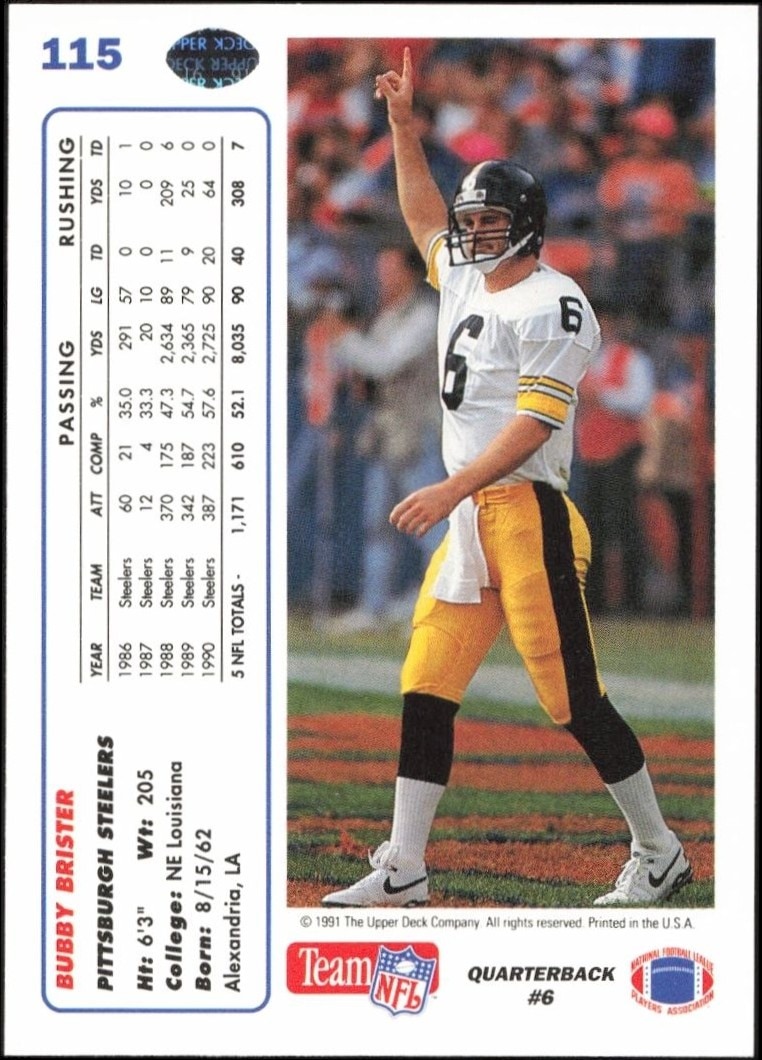 1991 Upper Deck Bubby Brister #115 football trading card back