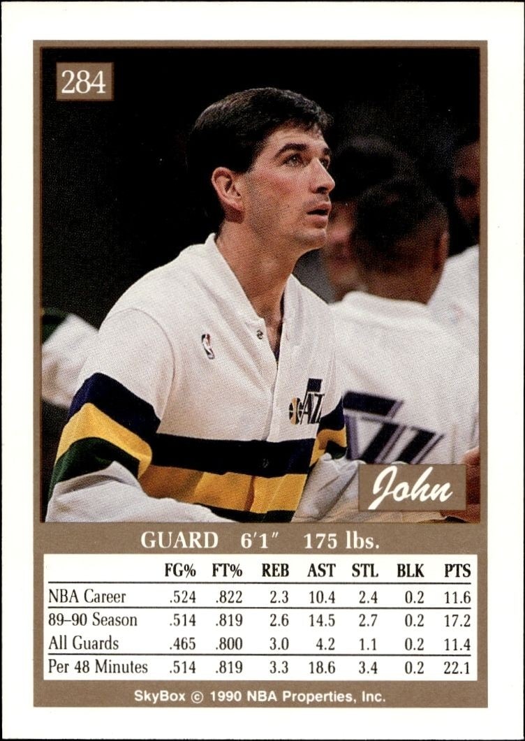 1990-91 Skybox John Stockton #284 basketball trading card back