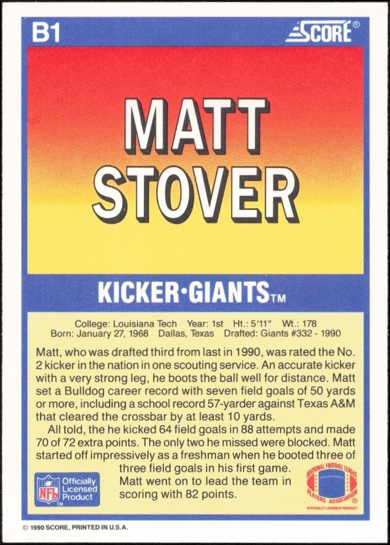 1990 Score Matt Stover #B1 football trading card back