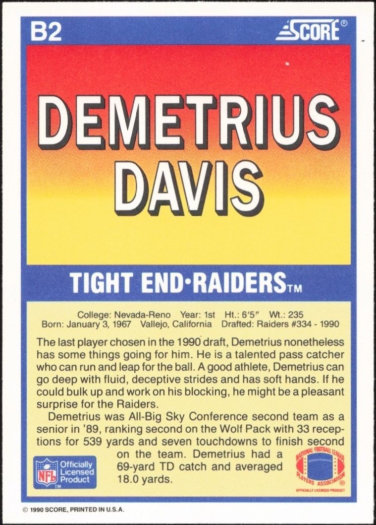 1990 Score Demetrius Davis #B2 football trading card back