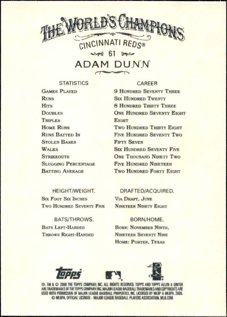 2008 Topps Allen & Ginter Adam Dunn #61 baseball trading card back