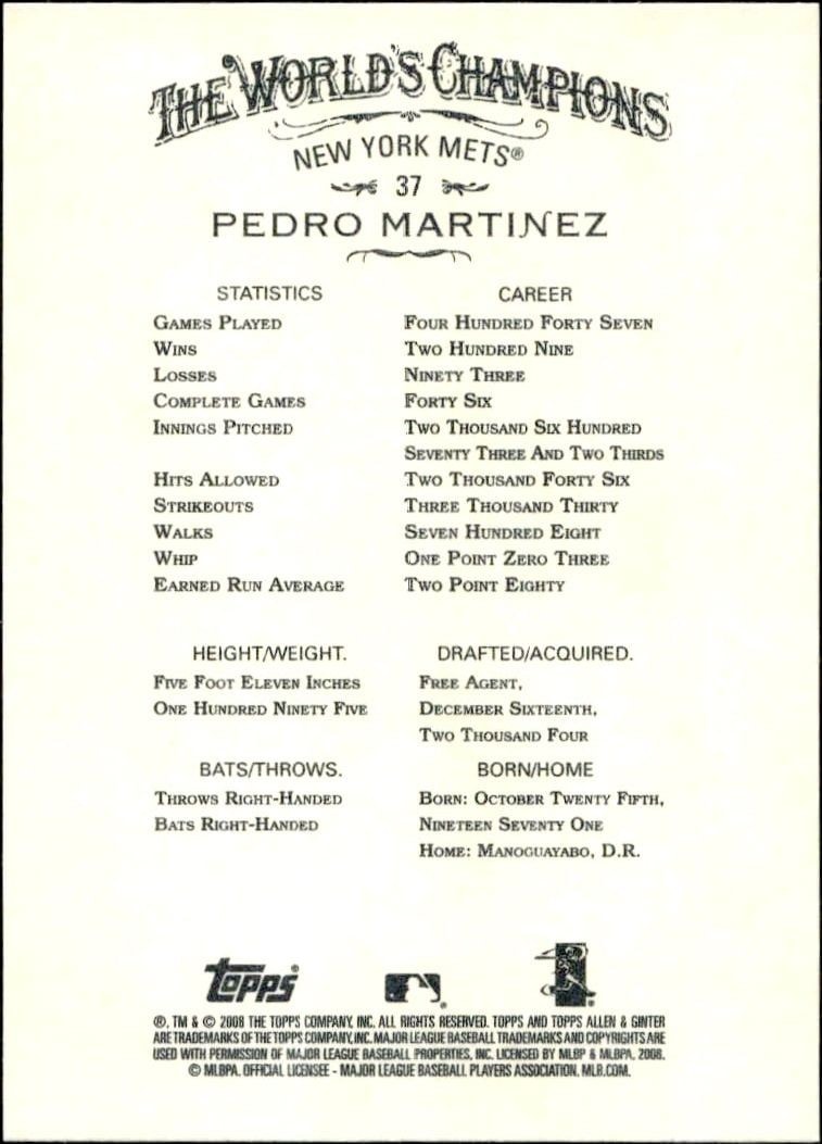 2008 Topps Allen & Ginter Pedro Martinez #37 baseball trading card back