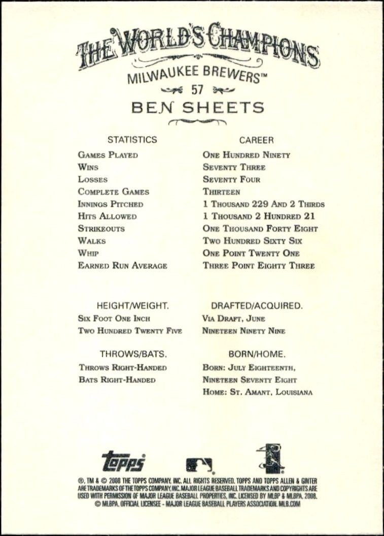 2008 Topps Allen & Ginter Ben Sheets #57 baseball trading card back