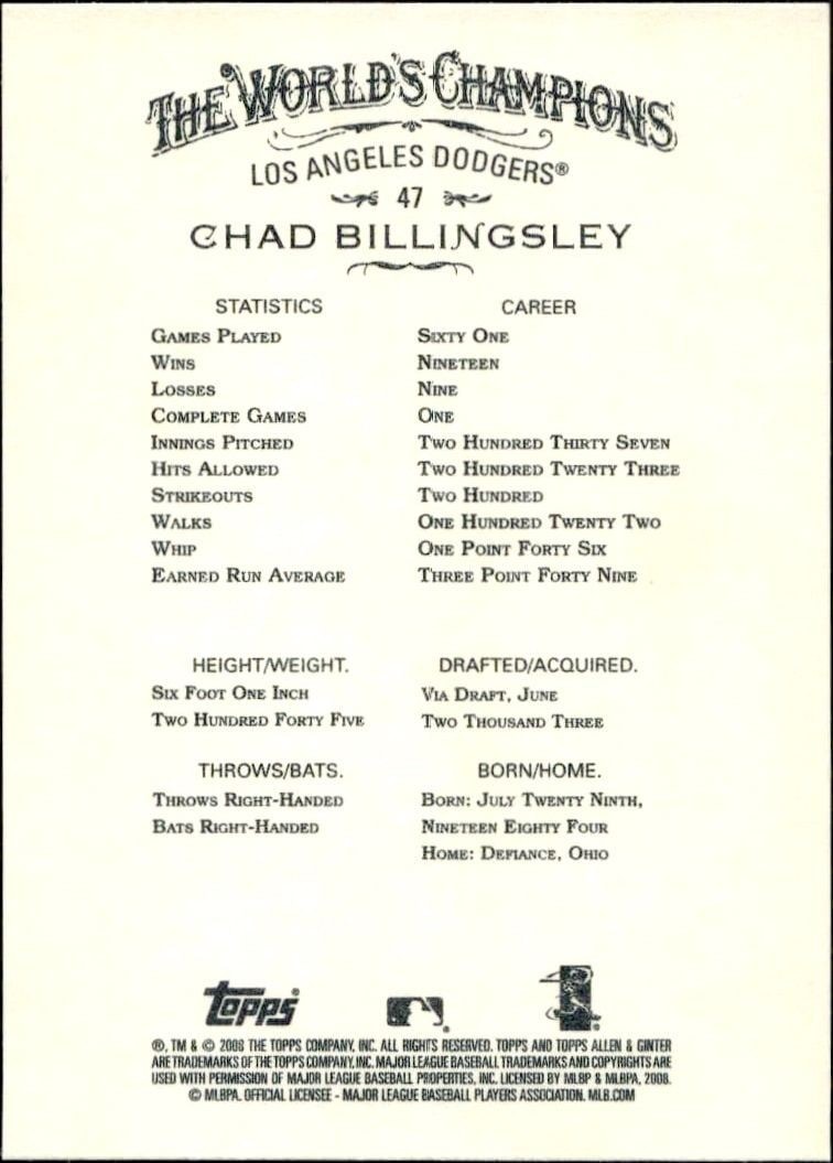 2008 Topps Allen & Ginter Chad Billingsley #47 baseball trading card back