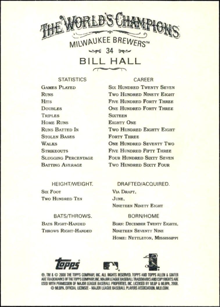 2008 Topps Allen & Ginter Bill Hall #34 baseball trading card back
