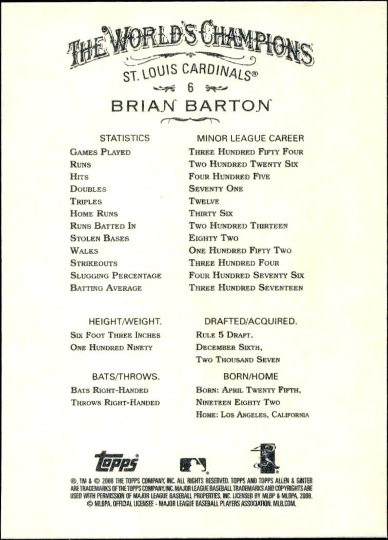 2008 Topps Allen & Ginter Brian Barton #6 baseball trading card back