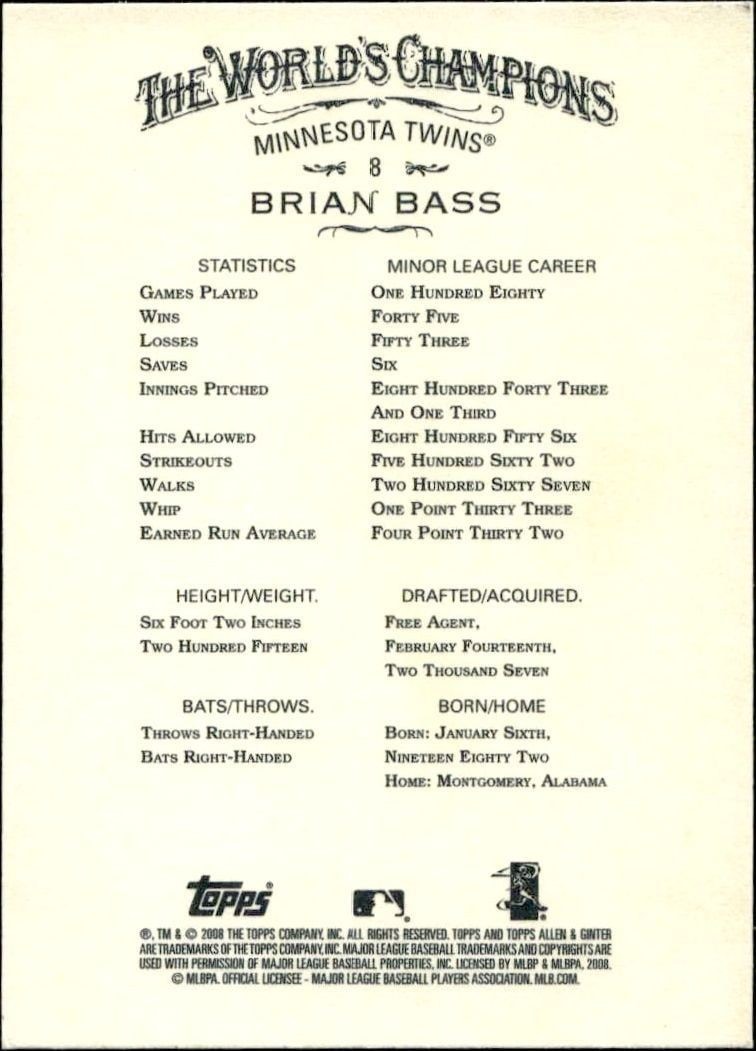 2008 Topps Allen & Ginter Brian Bass #8 baseball trading card back