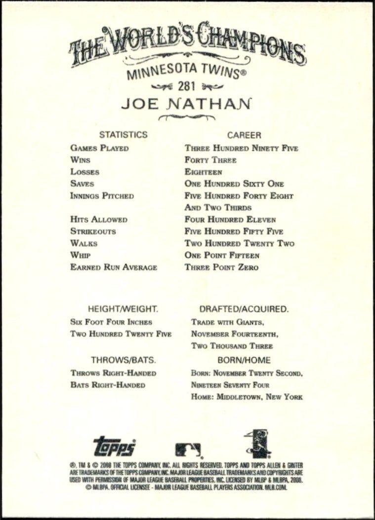 2008 Topps Allen & Ginter Joe Nathan #281 baseball trading card back