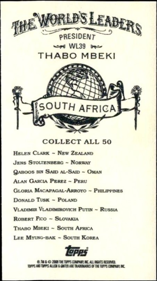 2008 Topps Allen & Ginter Thabo Mbeki, South Africa #WL39 baseball trading card back