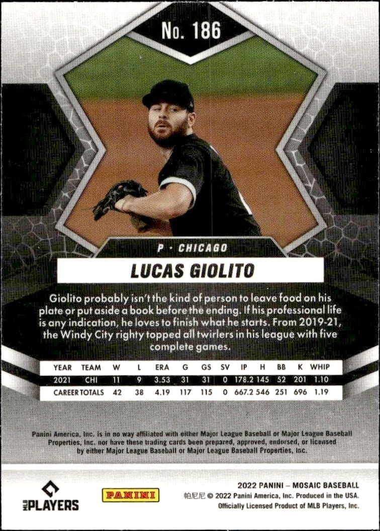 2022 Panini Mosaic Lucas Giolito #186 baseball trading card back
