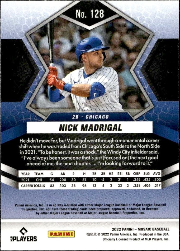 2022 Panini Mosaic Nick Madrigal #128 baseball trading card back