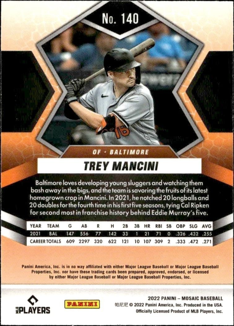 2022 Panini Mosaic Trey Mancini #140 baseball trading card back