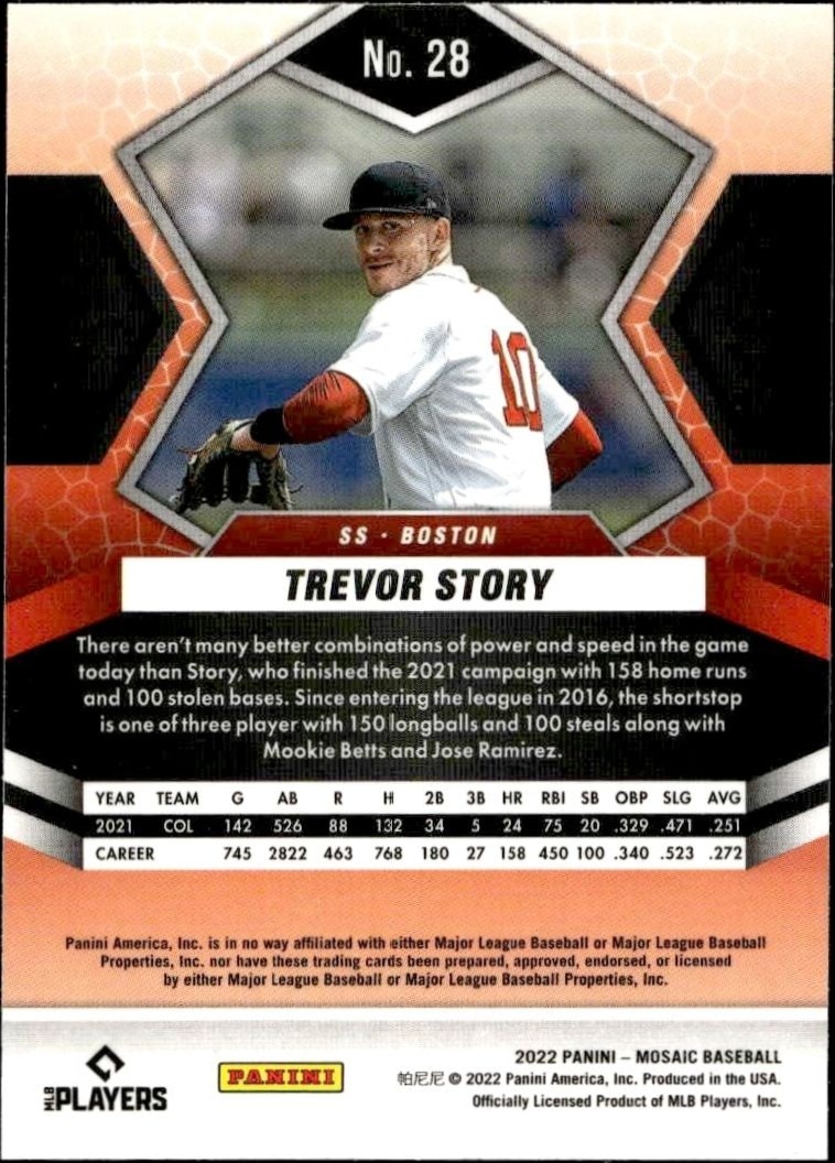 2022 Panini Mosaic Trevor Story #28 baseball trading card back