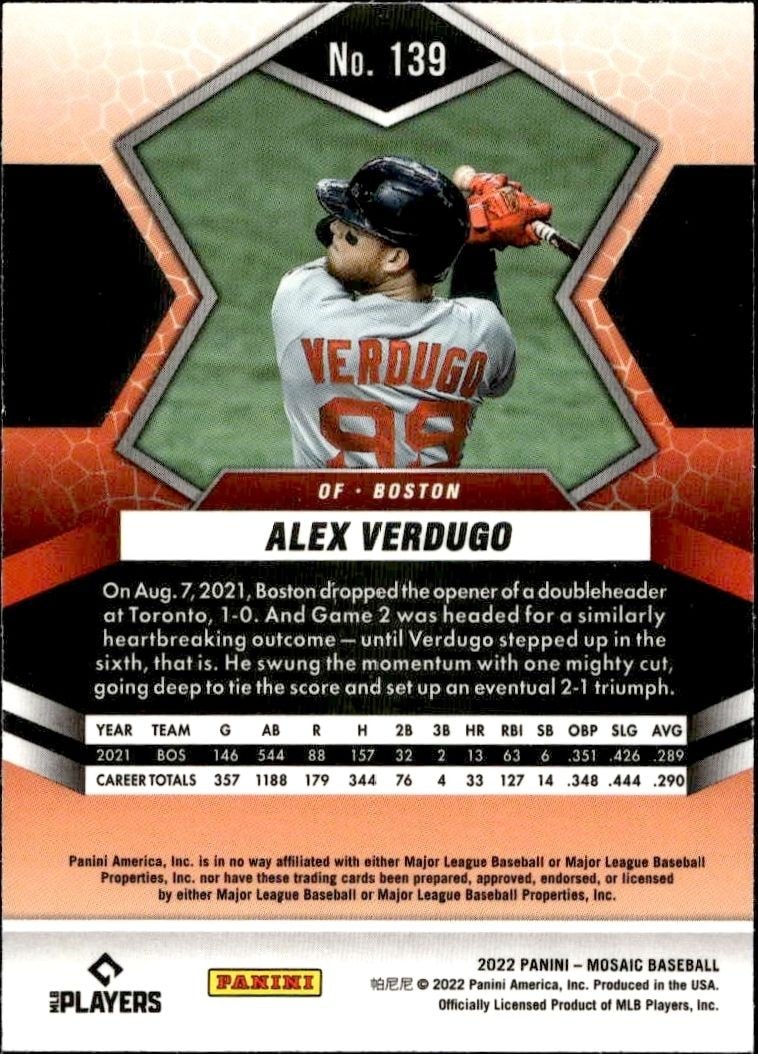 2022 Panini Mosaic Alex Verdugo #139 baseball trading card back