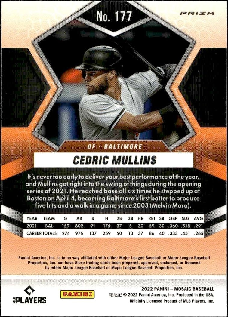 2022 Panini Mosaic Cedric Mullins #177 baseball trading card back